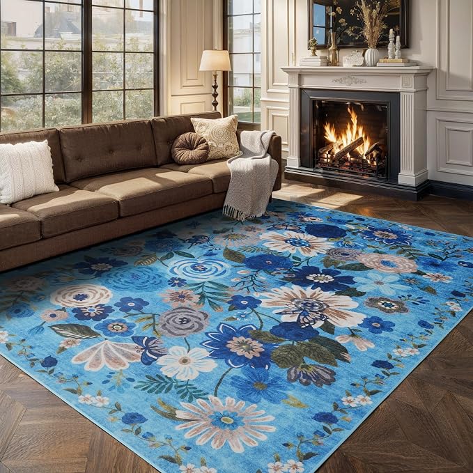Blue Floral Area Rug 8x10 for Living Room Bedroom | Non Slip; Stain Resistant; - Image 4
