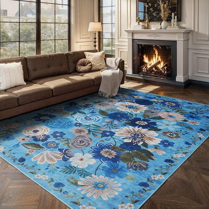 Floral Area Rugs 5x7 for Bedroom Livingroom Blue Non-Slip | Ultra-Thin Soft - Image 6