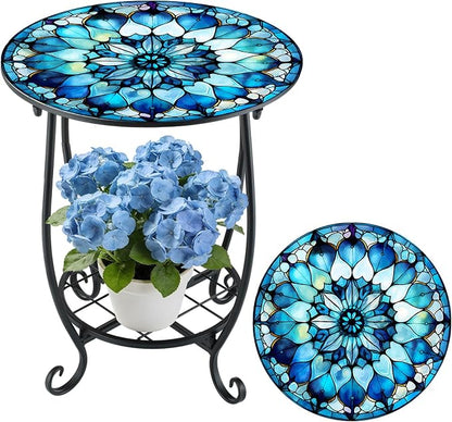 Cinnvoice Outdoor Side Table Round Small Mosaic Patio Accent Indoor End Plant by Cinnvoice