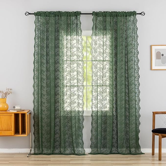 YJ YANJUN Vintage Lace Curtains 90 Inches Long-Victorian Floral Pattern Dark - Image 2