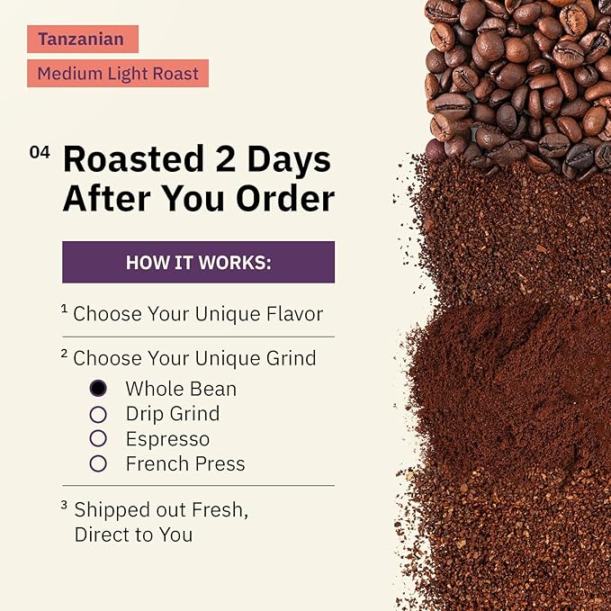 Tanzanian Peaberry Coffee Whole Bean - Single Origin Medium Light Roast, Roasted To Order Whole Bean Coffee Specialty Grade, Fair Trade and Non-GMO