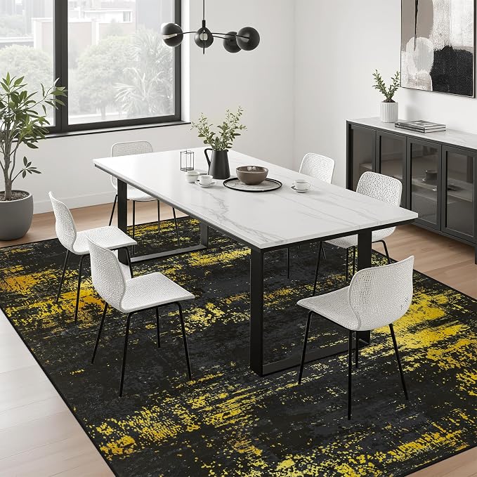 5x8 Area Rug Living Room: Modern Washable Soft Carpet Black Gold | - Image 9