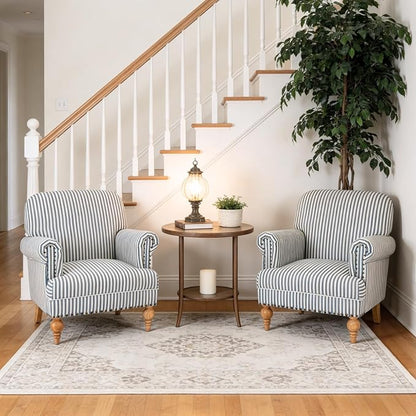 Blue Striped Linen Fabric Accent Chairs Set of 2, Coastal Upholstered Armchairs - Image 7