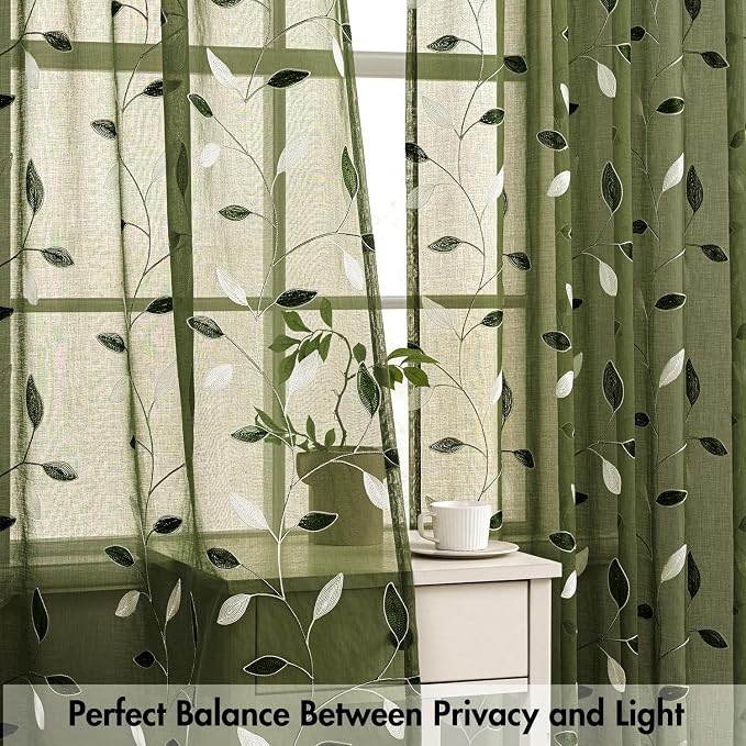 MIULEE Olive Green Sheer Curtains 2 Panels Leaf Patterned, W52 x L84 | - Image 5