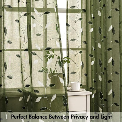 MIULEE Olive Green Sheer Curtains 2 Panels Leaf Patterned, W52 x L84 | - Image 5