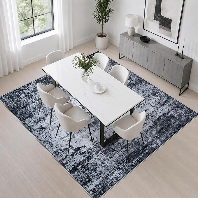 Area Rug Living Room: 5x5 Modern Washable Indoor Carpet Black | - Image 4