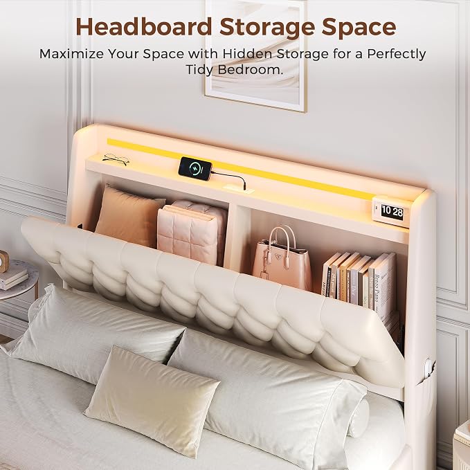 Full LED Velvet Bed Frame with 2 Storage Drawers&Hidden Headboard, Upholstered - Image 3