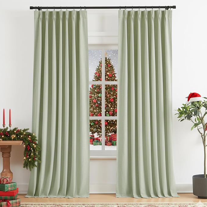 Vision Home Soft Green Pinch Pleated Full Blackout Curtains Linen Blended Room - Image 8