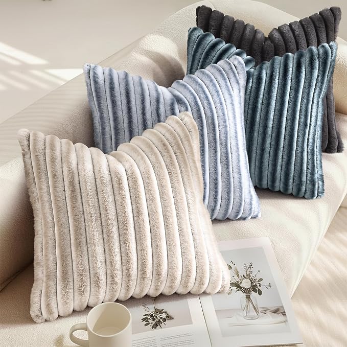 decorUhome Fall Faux Fur Throw Pillow Covers 18x18 Set of 2 Grey White | - Image 4