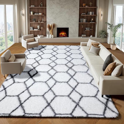 7x9 Area Rugs for Living Room Bedroom, Fluffy White and Grey Geometric Rug | - Image 5