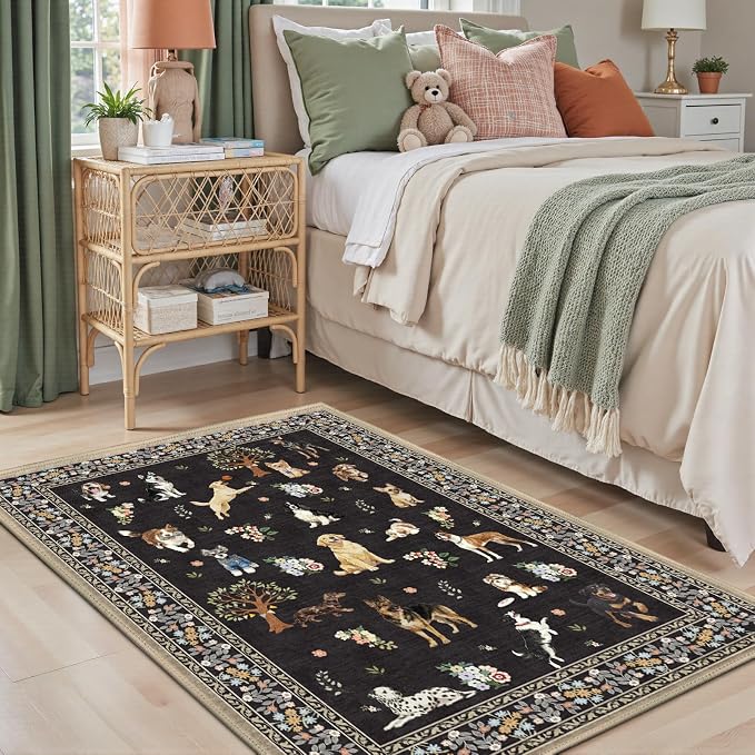 Black Floral Area Rug 3x5 for Bedroom Entryway | Ultra-Thin; Non Slip; by WelcometoBabovid