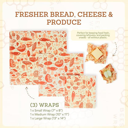 Bee's Wrap Beeswax Wraps for Food - Made in USA Reusable & Organic Food Wraps, Sandwich Wrap & Bowl Covers - Eco-Friendly Alternative to Aluminum Foil & Plastic Wrap, Mushroom Magic 3 Pack (S, M, L)