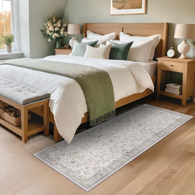 Washable 2x7 Runner Rug for Bathroom, Vintage Boho Light Gray & Sage Runner Rug - Image 6
