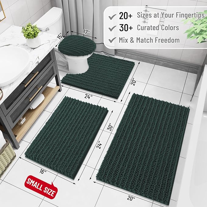 Arotive Luxury Chenille Bathroom Rug Mat, Extra Soft Thick Absorbent Shaggy Bath Rugs, Non-Slip Machine Wash Dry, Plush Bath Mats for Bathroom, Shower and Tub, 47x20, Dark Green