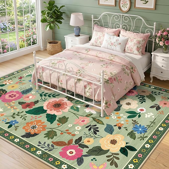 RELEANY Floral Washable 9x12 Area Rugs LightGreen | Flower Carpet Print Boho - Image 2