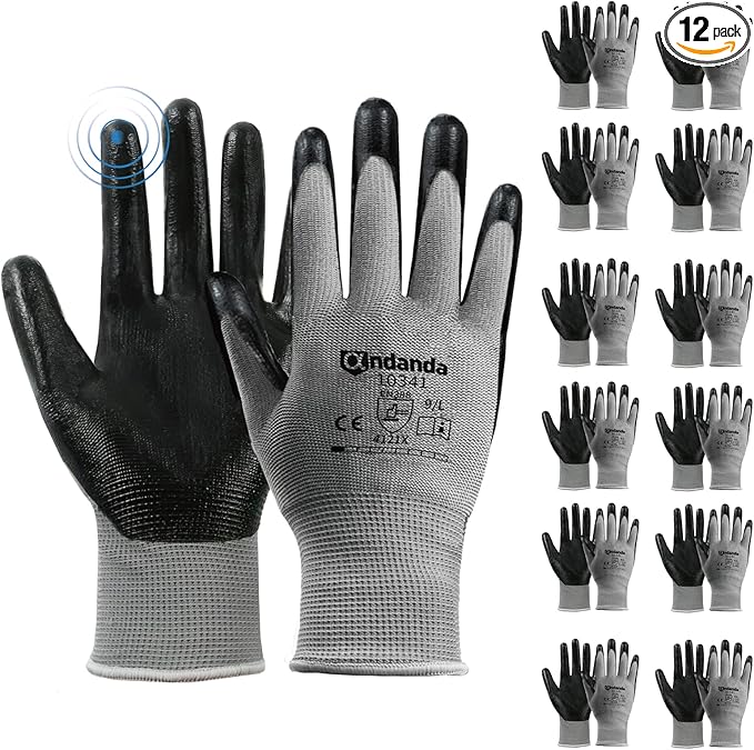 ANDANDA 12 Pairs Work Gloves, Smart Touch, 3D Comfort Stretch Fit, Nitrile Coated, Men Work Gloves with Grip, Seamless Knit Nylon, Suitable for Warehousing, Logistics, Handling, Black（L）