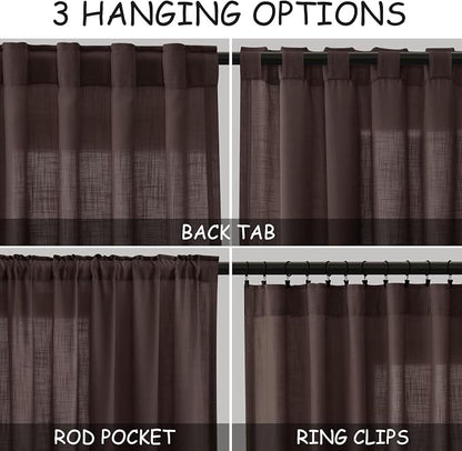 Coffee Linen Curtains for Living Room Back Tab Rod Pocket Semi Sheer Curtain 63 - Image 3
