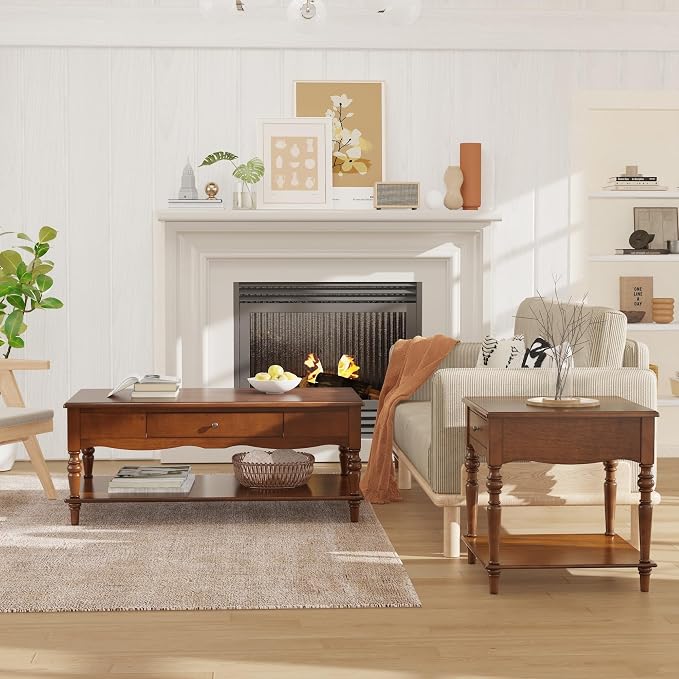 Mid-Century Modern Living Room Coffee Table Set, 2-Piece Solid Wood Living Room by MIAUWUUFHOME