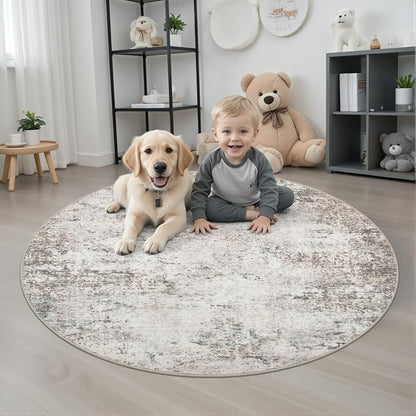 Round Area Rug Living Room: 5 ft Modern Washable Carpet Brown | - Image 2