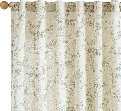 Green Vintage Floral Linen Curtains Farmhouse 50W X 84L 2 Panels | Elisa Series by Lazzzy