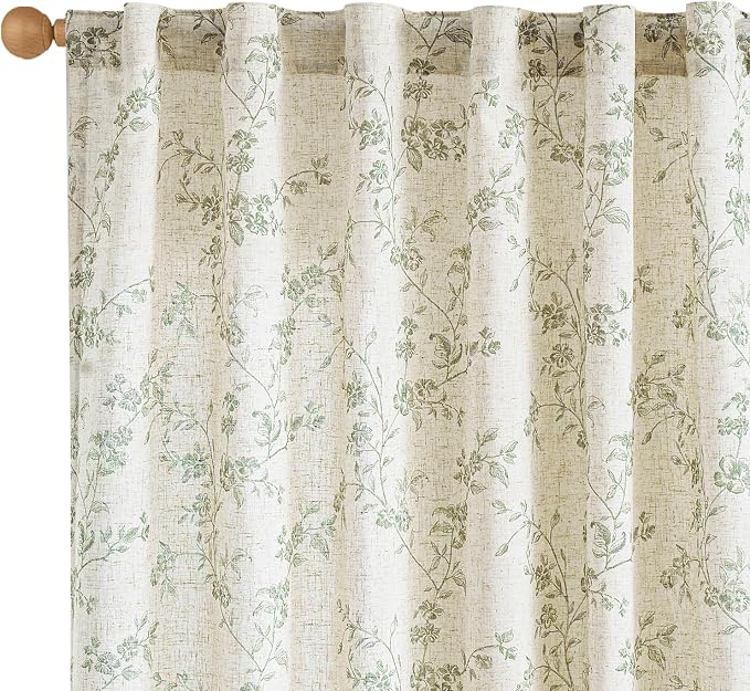 Green Vintage Floral Linen Curtains Farmhouse 50W X 96L 2 Panels | Elisa Series by Lazzzy