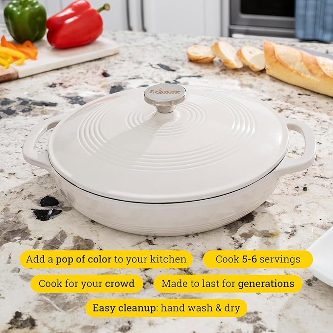 Lodge 3.6 Quart Enameled Cast Iron Oval Casserole With Lid– Dual Handles – Oven Safe up to 500° F or on Stovetop - Use to Marinate, Cook, Bake, Refrigerate and Serve – Oyster White