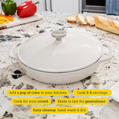 Lodge 3.6 Quart Enameled Cast Iron Oval Casserole With Lid– Dual Handles – Oven Safe up to 500° F or on Stovetop - Use to Marinate, Cook, Bake, Refrigerate and Serve – Oyster White