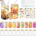 16 OZ Glass Cups with Lids and Straws, 20 Set Can Beer Glass Cups with Bamboo Lids Cute and Reusable Drinking Glasses with Lid Ice Coffee Glasses Great for Beer, Cocktail, Tea and Latte