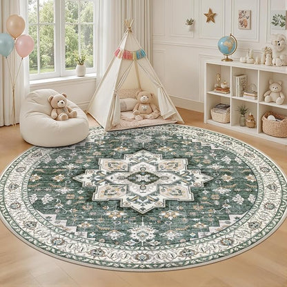 Round Area Rug for Living Room: 6ft Boho Washable Rug Green Ivory | Vintage - Image 5