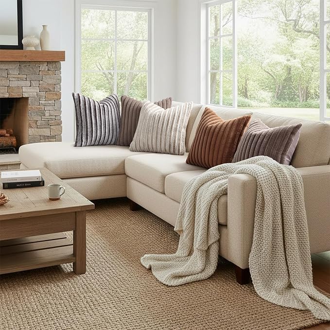 decorUhome Fall Faux Fur Throw Pillow Covers 18x18 Set of 2 Beige White | - Image 7