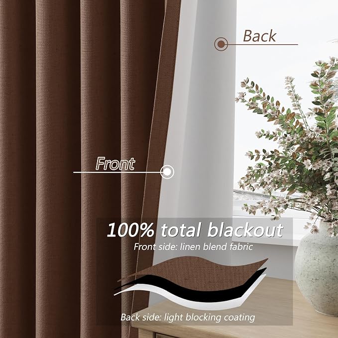 Rustic Brown 100% Blackout Linen Curtains 84 Inch Length 2 Panels Set - Image 4