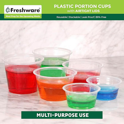 Freshware Plastic Portion Cups with Lids [3.25 Ounce, 200 Sets] Disposable Plastic Cups for Meal Prep, Salad Dressing, Jellos Shot Cups, Souffle Cups, Condiment and Dipping Sauce Cups