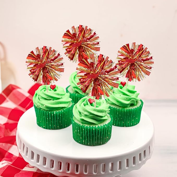 Ephlyn 30Pcs Foil Firework Cupcake Toppers Sparkle Tinsel Drink Birthday Cake Decorations Cocktail Food Fruit Toothpick for New Years Wedding Birthday Party Decorations Gold Red