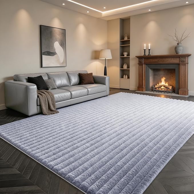 Blue Grey Rabbit Striped Plush Rug 8'x10', Fluffy Shaggy Area Rug - Image 3