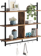 Bestier Floating Pipe Shelving Kitchen Shelves Wall Mounted 3 Tier 41.5" Ladder Coffee Bar Shelf Hanging with Circular Tube, Display Bookshelf Storage for Living Room Kitchen, Rustic Brown