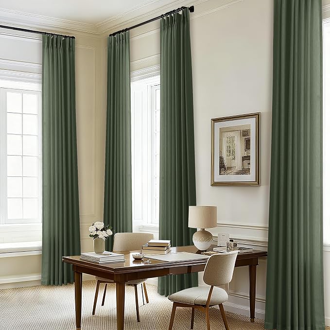 105 Inch Olive Green Pleated Ceiling Track Curtains Linen Semi Sheer | Light - Image 7