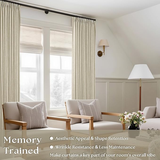 Beige Pinch Pleated Linen Curtains 120 Inches Long 2 Panels | Memory Training - Image 2