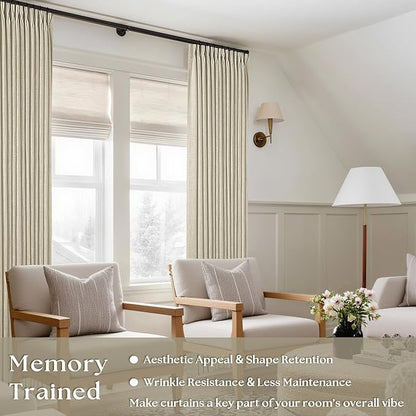 Beige Pinch Pleated Linen Curtains 120 Inches Long 2 Panels | Memory Training - Image 2
