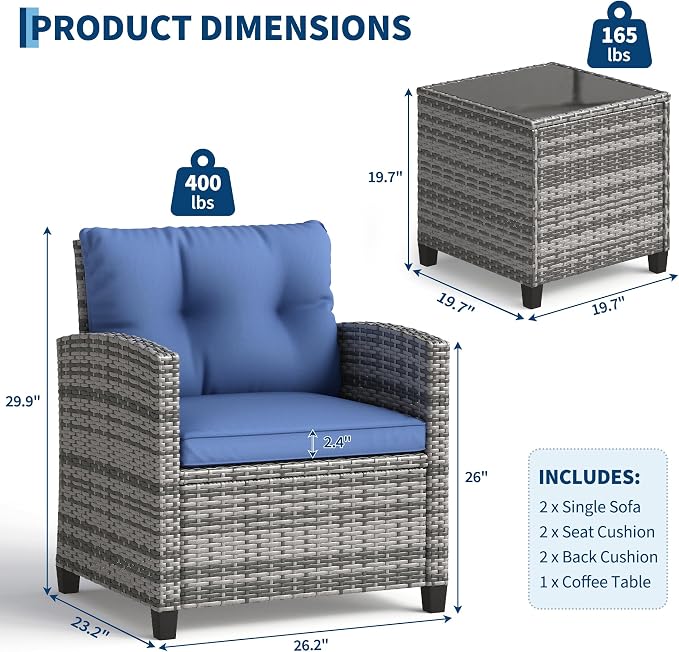 Garvee Outdoor Wicker Chairs, 3 Pieces Patio Furniture Set, All Weather High - Image 2