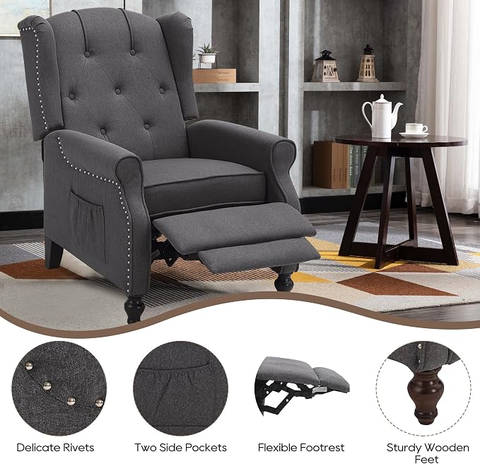 Wingback Recliner Chair with Massage and Heat, Wingback Recliner Tufted Fabric - Image 6