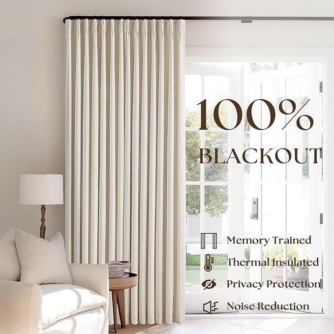 Cream Beige 100% Black Out Pinch Pleat Curtains 80 Inch Length 2 Panels | 2 - Image 3