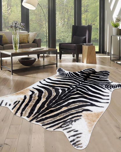 Zebra Print Rug for Living Room, Faux Fur Zebra Hide 6.2x8.2 Feet Animal Skin by WARMHAVEN