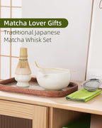 ZENS Matcha Whisk Set, 6pcs Matcha Kit Set Includes Ceramic Bowl and Bamboo Whisk & (Chasen Holder), Sifter, Scoop -Tea Towel, Japanese Chawan with Spout for Lovers, White