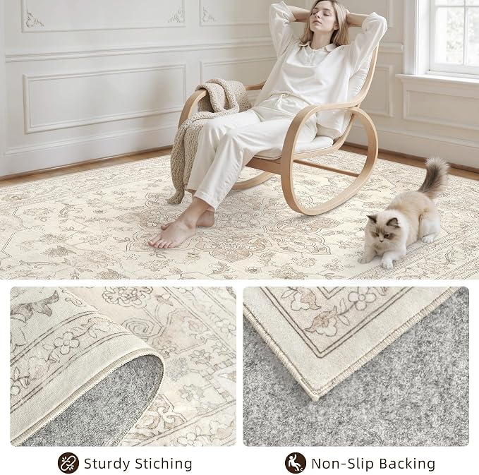 6x9 Area Rugs Living Room: Bedroom Washable Carpet Beige White | Vintage Boho - Image 4