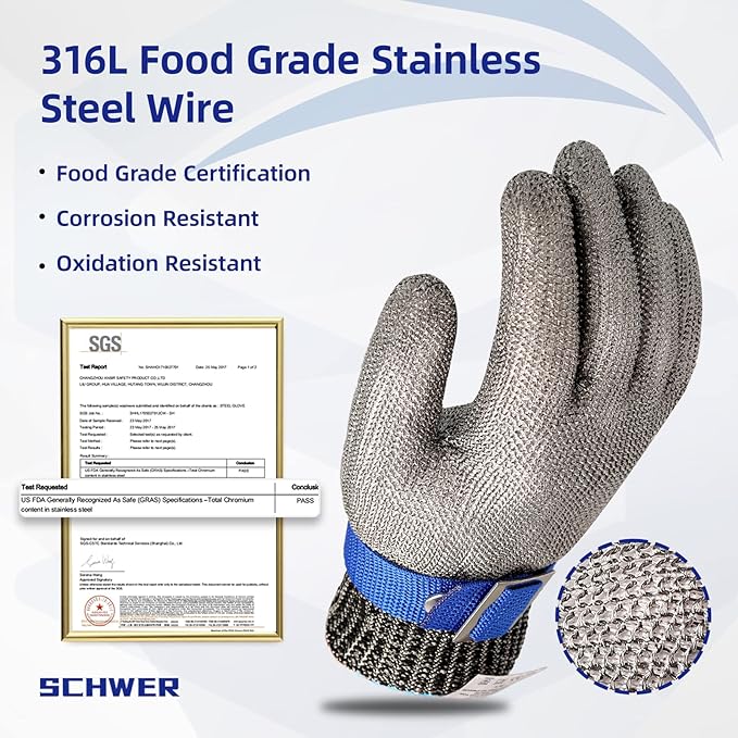 SlicePro ANSI A9 Cut Resistant Glove PR1706, Stainless Steel Mesh Metal Glove, Food Grade for Kitchen Cooking, Butcher Meat Cutting, Oyster Shucking, Mandoline, Fishing (M, 50 pairs)