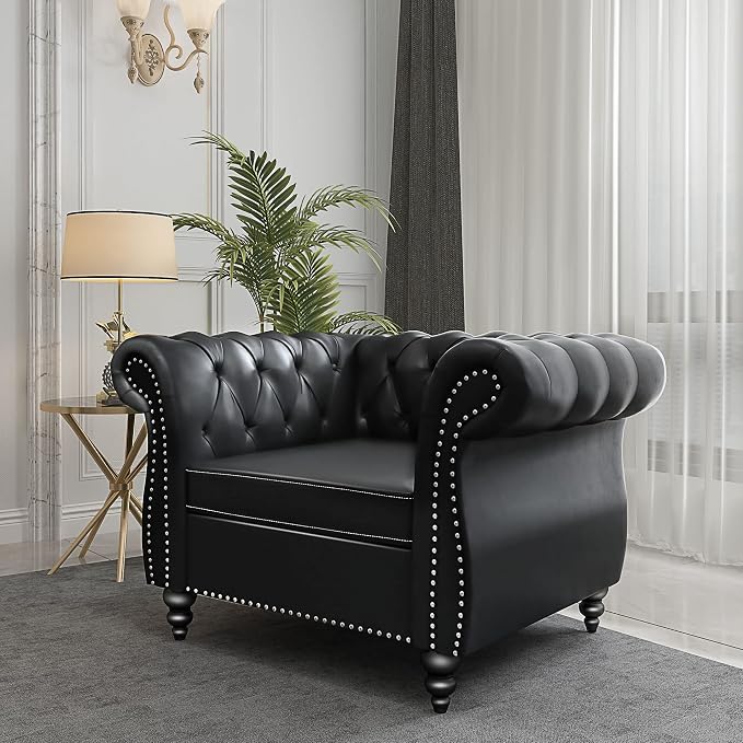 3 Piece Living Room Set, Chesterfield Leather Sofa Loveseat Couch Chair - Image 6