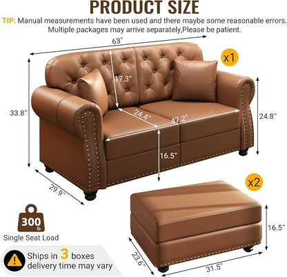 KEIKI 63" Faux Leather Chesterfield Sofa - Image 2