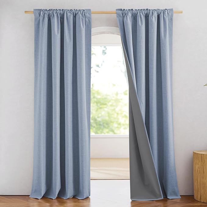 NICETOWN 100% Blackout Stone Blue Linen Curtains 90 inches Length - Image 2