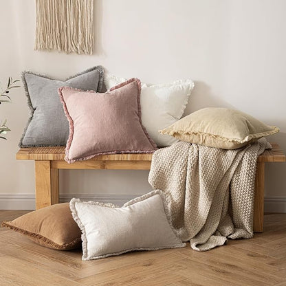 MIULEE Boho Linen Fringe Decorative Throw Pillow Covers Pink 20x20 | Set of 2 - Image 5