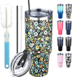 40 oz Tumbler with Lids and Straws, Stainless Steel Insulated Coffee Tumbler, Double Wall Vacuum Insulated Travel Mug Cup, Leakproof Thermal Coffee Cup for Hot and Cold Drinks (Blue Flower)